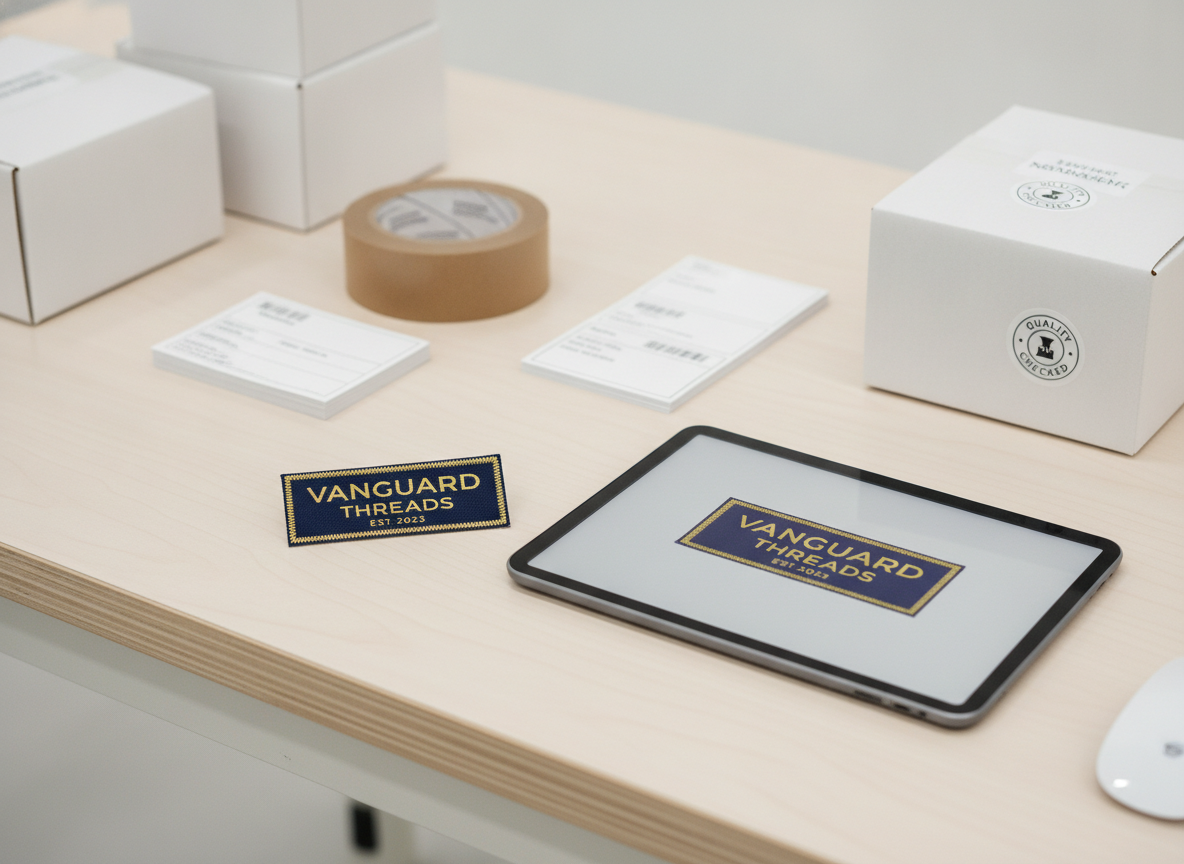 A mid-distance shot inside a clean, brightly lit fulfillment area. a small, squarish, crisp new...
