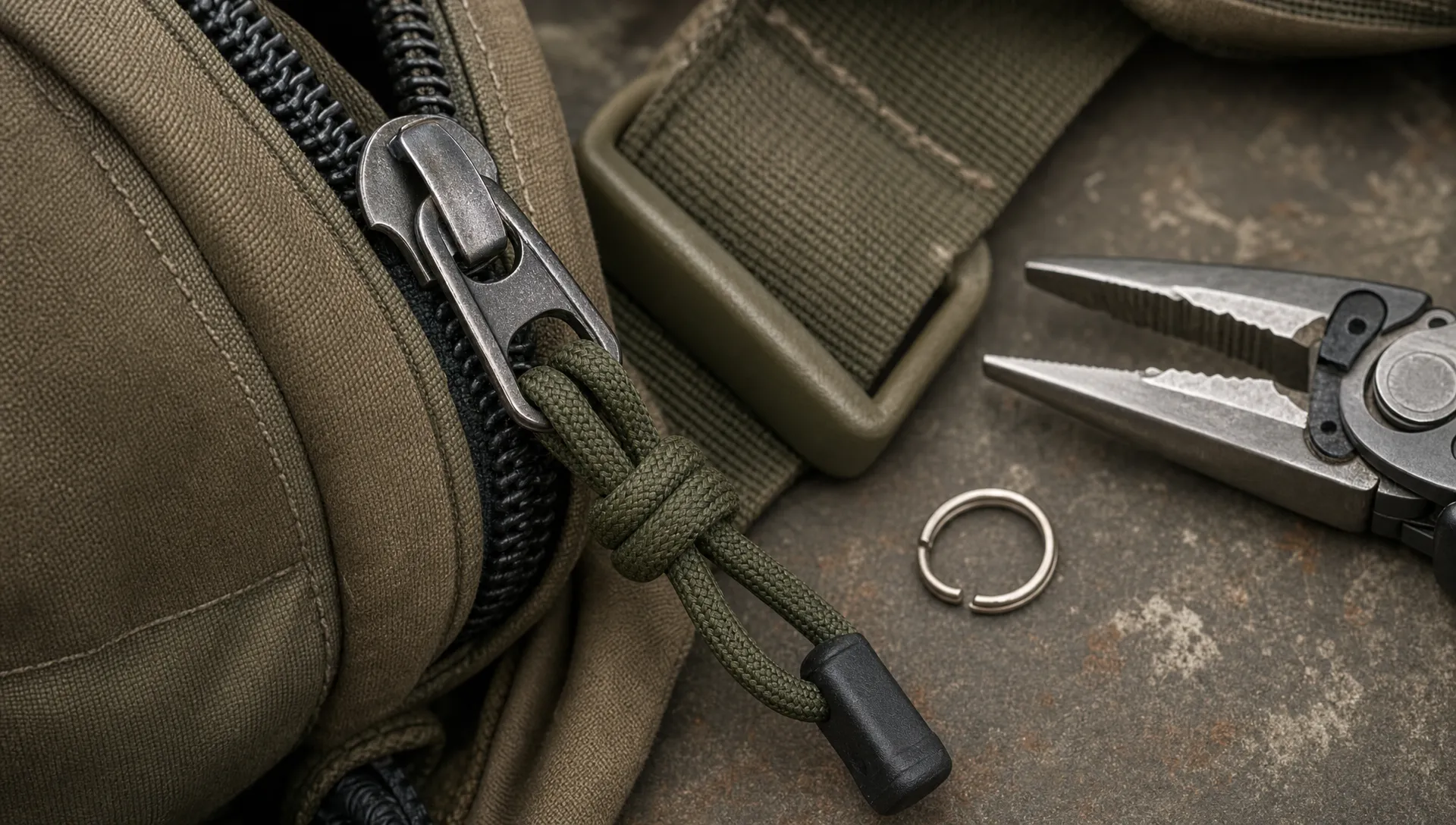 Close-up of a jacket zipper slider with a cord zipper pull looped securely through the slider bridge, with needle-nose pliers and a split ring nearby on a worn backpack strap and outdoor gear surface.