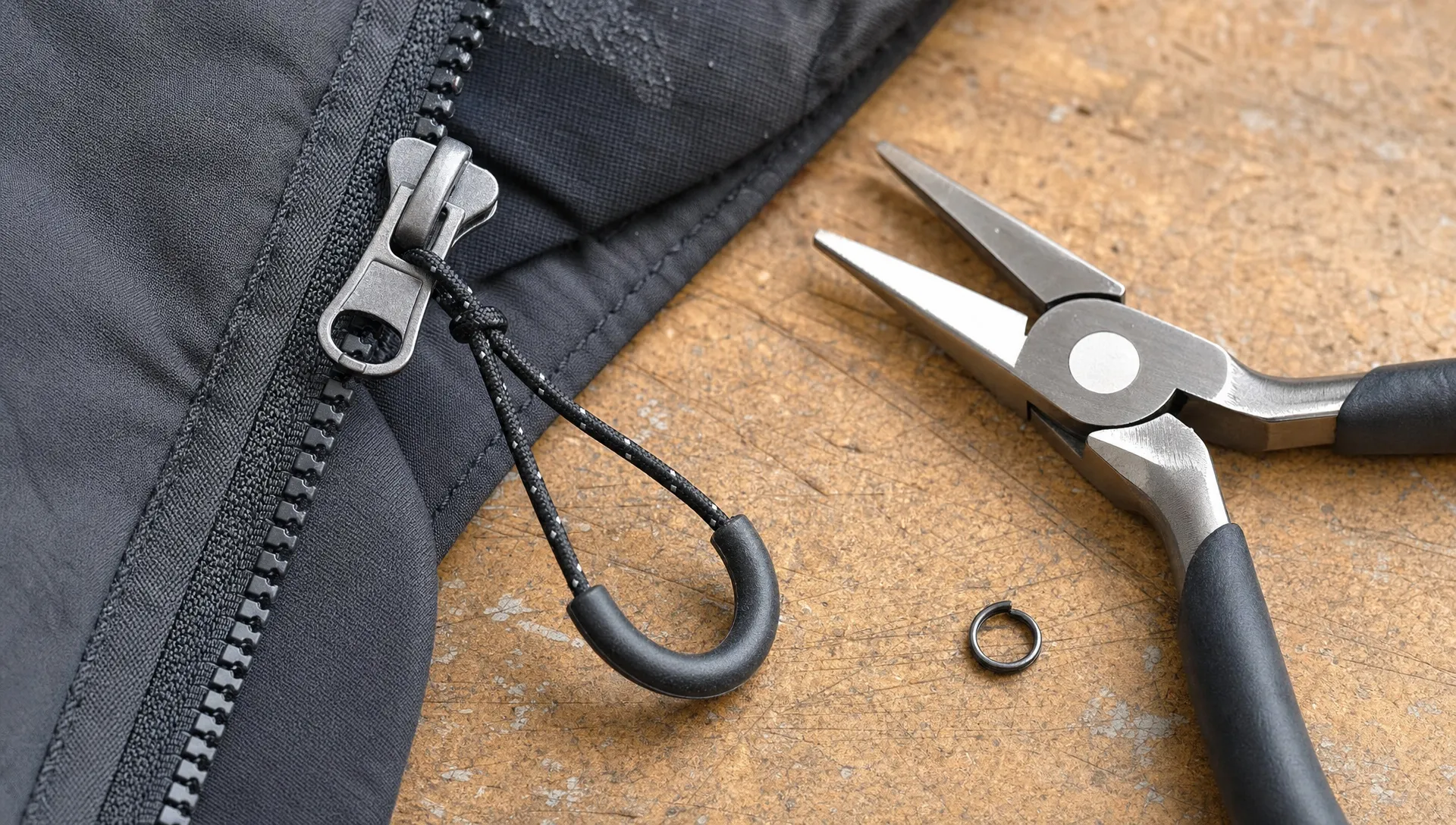 Close-up of a jacket zipper slider with a newly attached cord loop pull, small pliers and a split ring placed nearby on a workbench beside the jacket fabric.