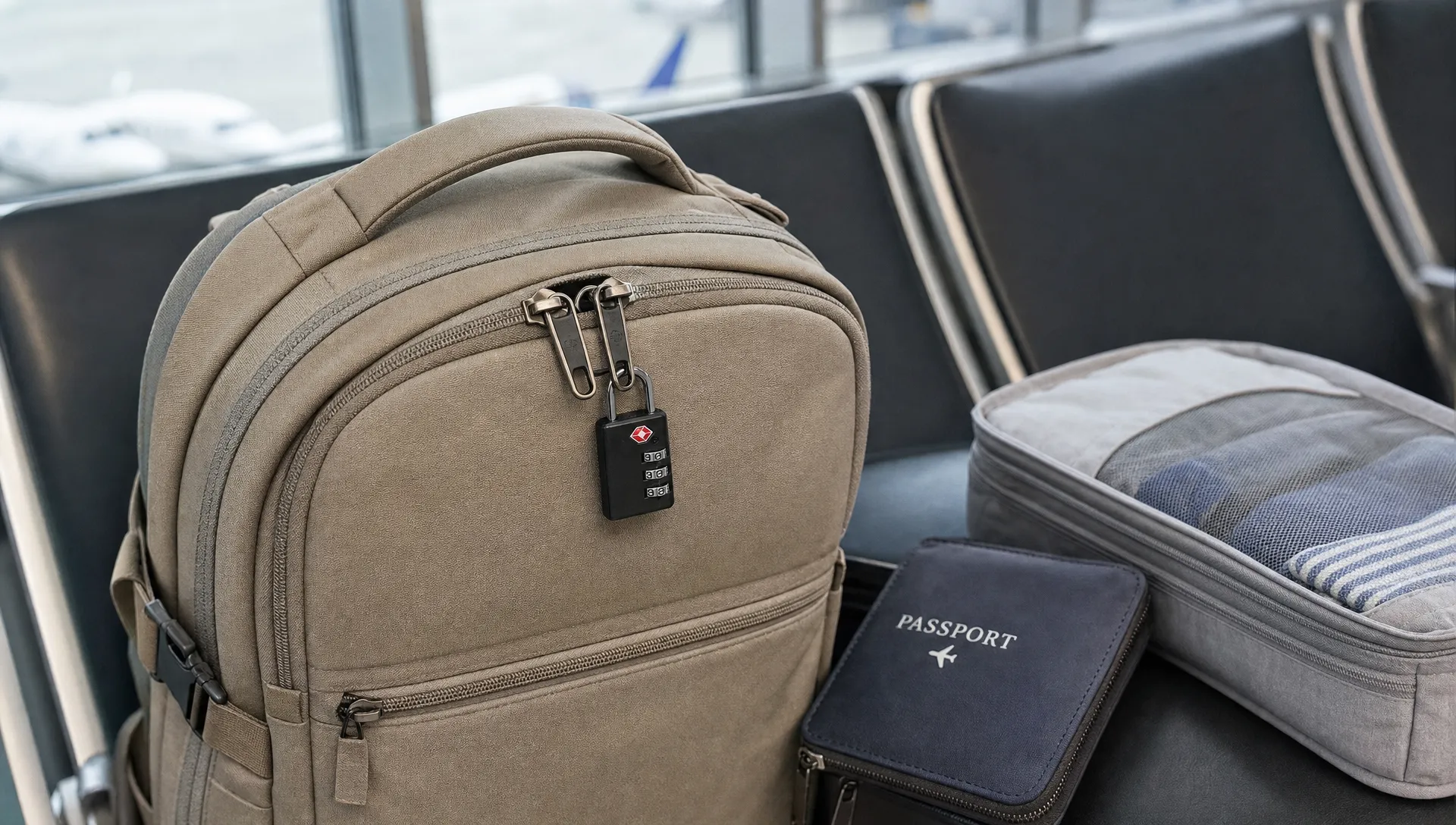 Close-up of a travel backpack in an airport seating area with two lockable zipper pulls aligned at the main compartment, a small luggage lock nearby, and neatly organized travel items such as a passport pouch and packing cube beside it.