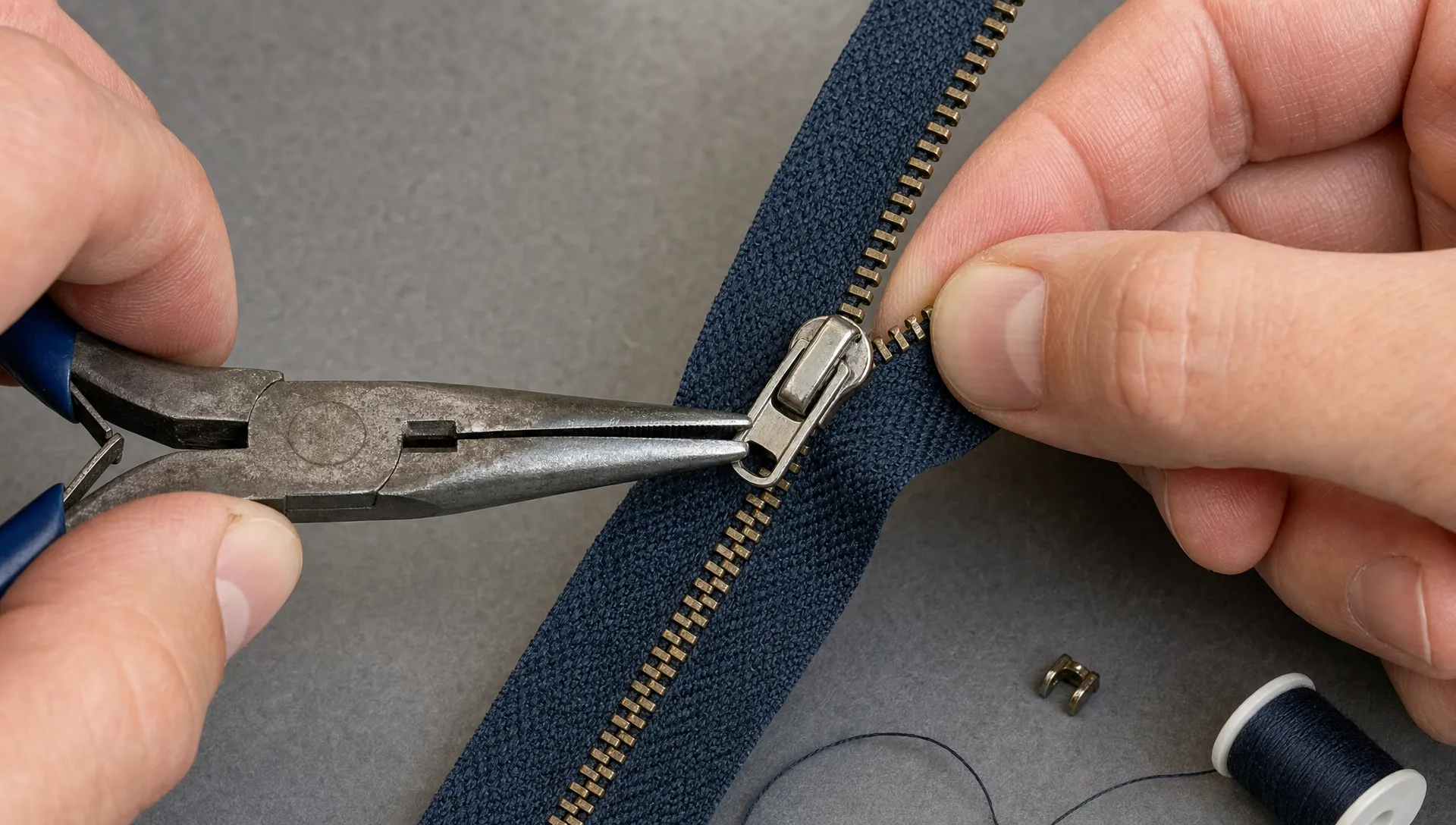 Close-up of hands using needle-nose pliers to guide a replacement zipper slider onto aligned zipper teeth, with a small top stop and thread resting nearby on a work surface.
