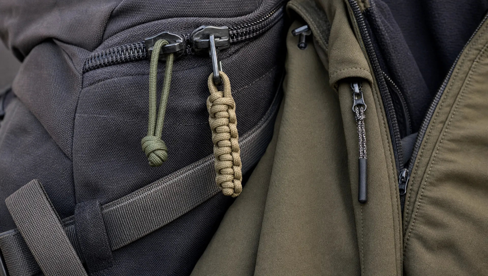 Close-up of several paracord zipper pulls attached to a backpack and a jacket, showing a simple loop pull, a cobra weave pull, and a slim jacket pull in different colors.