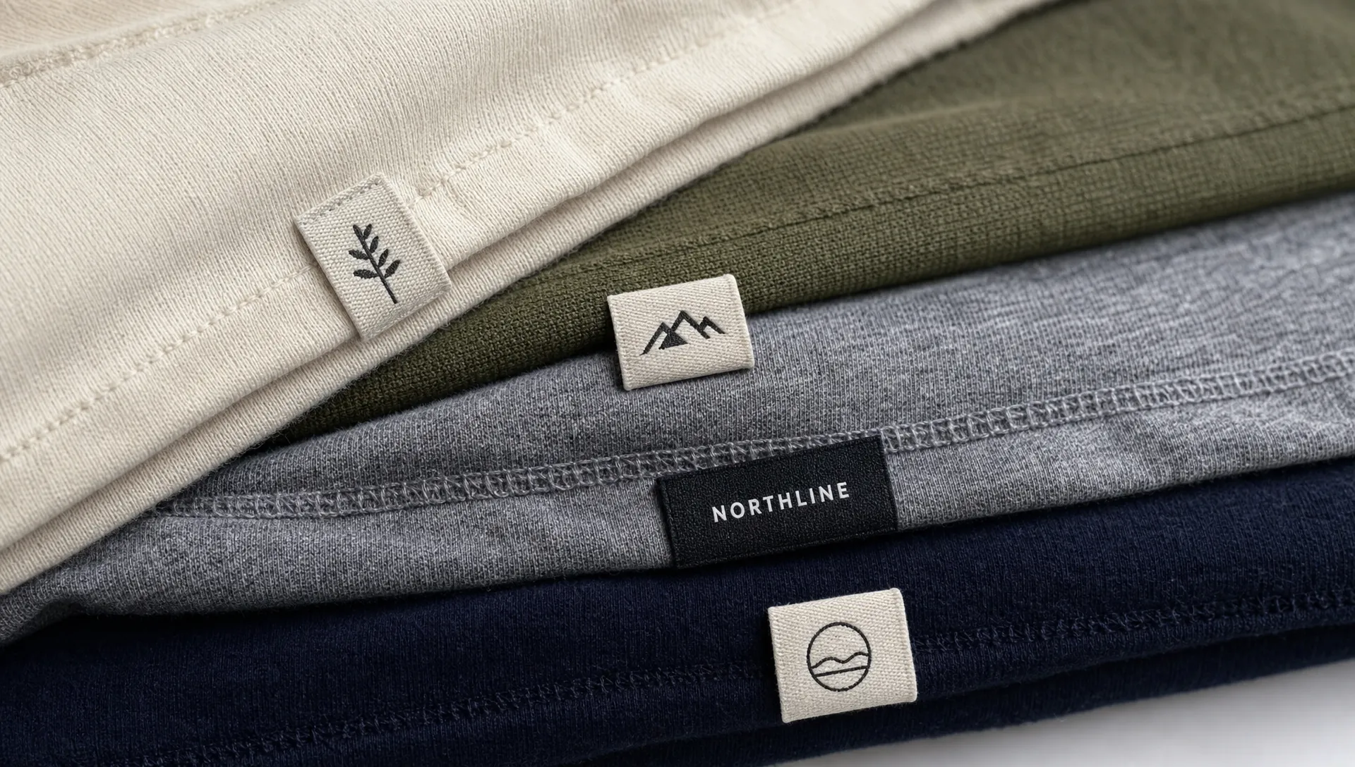 Close-up of several small woven labels sewn into folded garment edges, showing simplified wordmarks and compact icons at label scale.