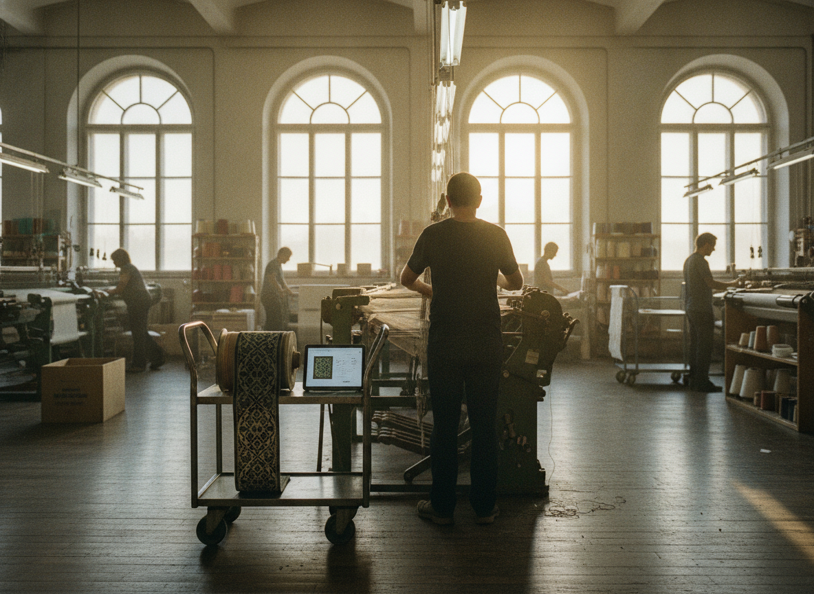 A wide shot of a bustling, but not chaotic, european weaving mill floor in late morning. bright...