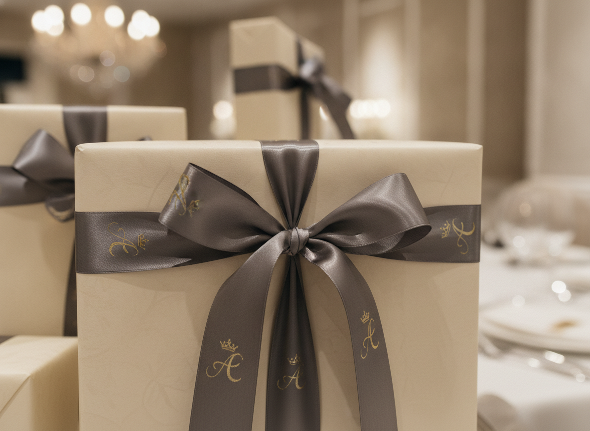 Image of a beautifully tied gift box with a luxurious custom satin ribbon. the ribbon features a...