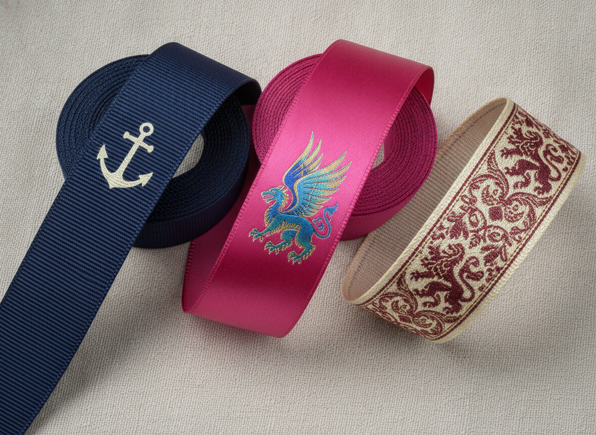 A close-up, image showcasing different types of custom ribbons: one made of glossy satin with a...