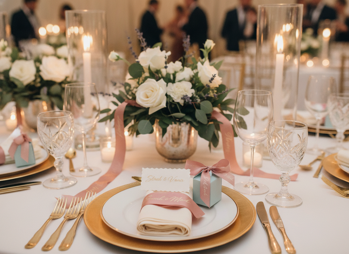 Image of a wedding table setting with custom ribbons incorporated into the decor. ribbons are tied...