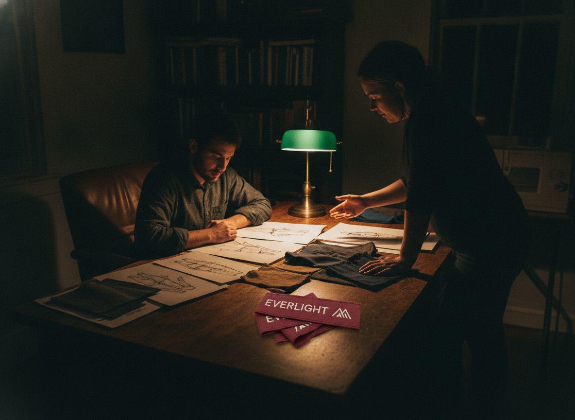 A wide establishing shot of a small, dimly lit home office or studio at night. two people, one...