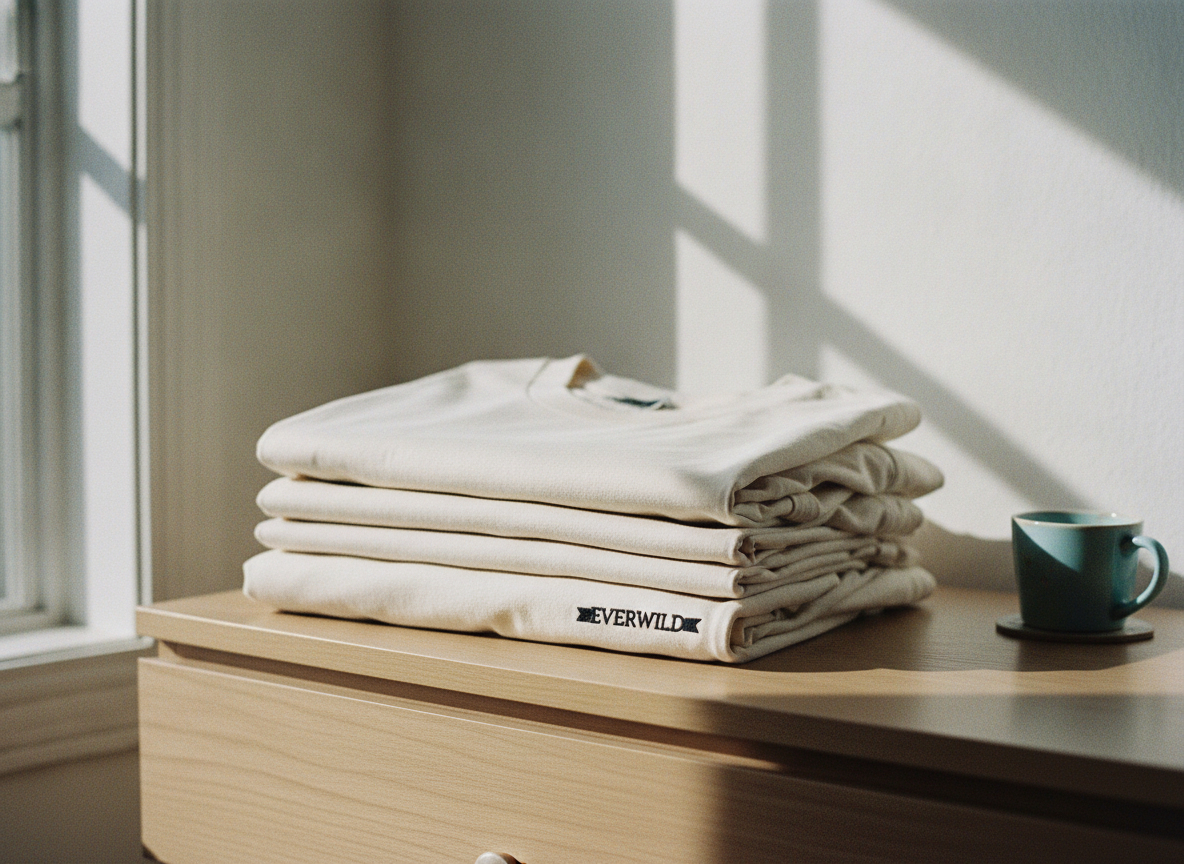A mid-distance shot, handheld 50mm lens, , , natural depth of field, showing a neatly folded stack...