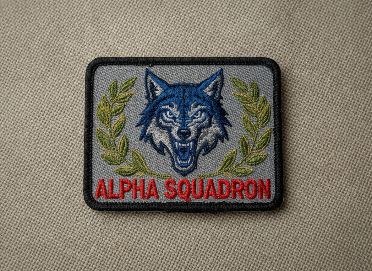 Image of a custom woven patch with a detailed design, perhaps a stylized logo, showcasing fine...