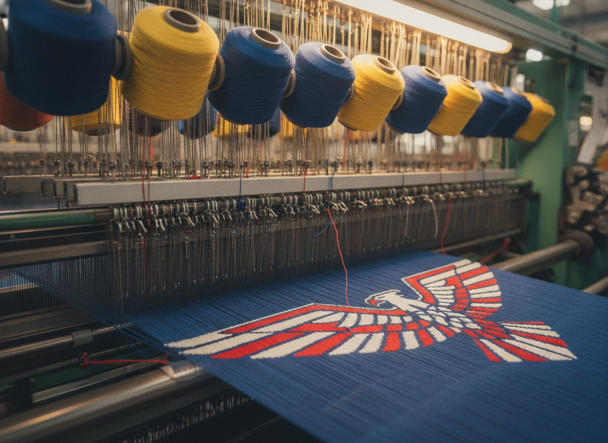 Close-up image of a jacquard weaving loom, with multiple spools of colorful polyester threads...