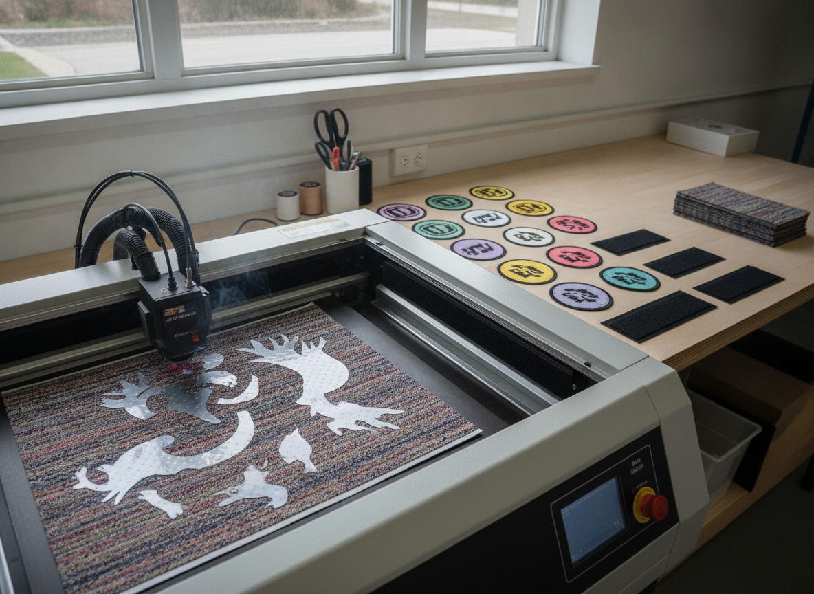 Image showing various stages of woven patch finishing. in the foreground, a laser cutter precisely...