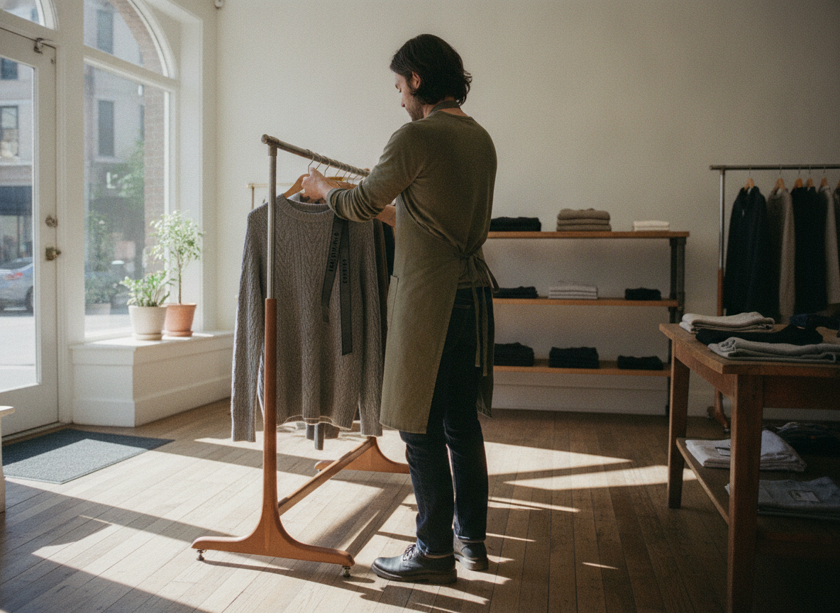 Later image: a wide establishing shot inside a cozy, uncluttered retail boutique, showcasing a...