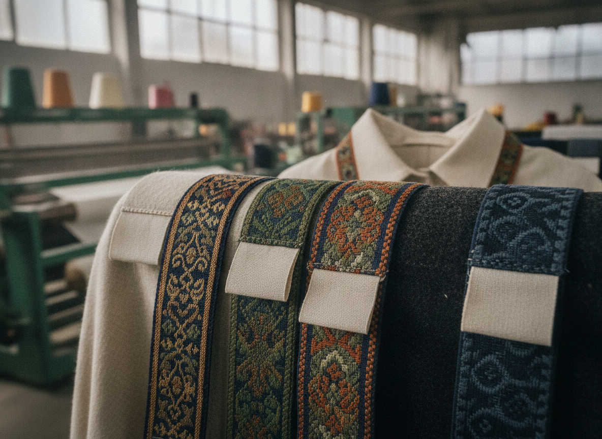 Close-up illustrating 'jacquard ribbons: elevate your apparel with unique details', detailed woven...