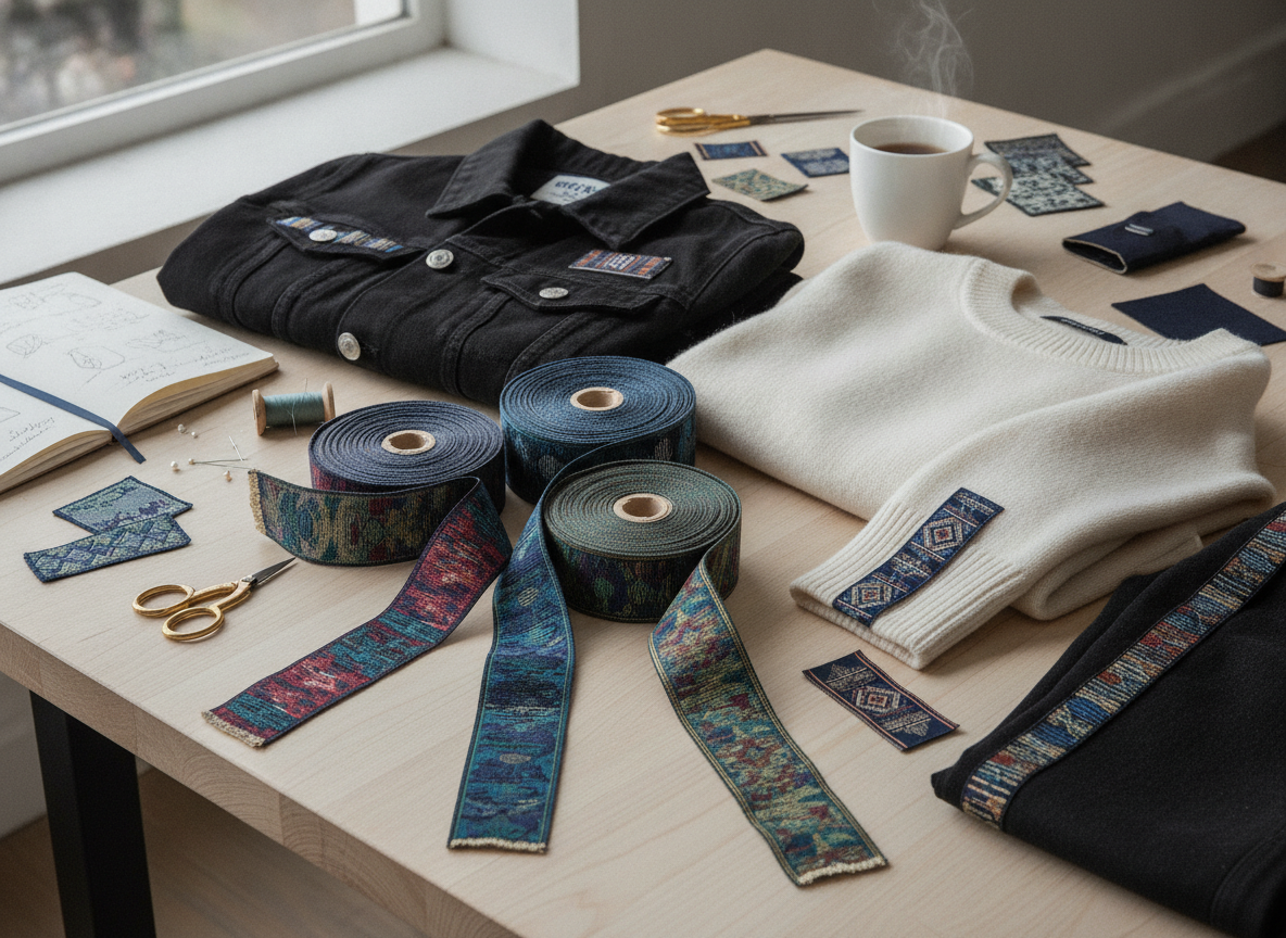 Lifestyle image related to 'jacquard ribbons: elevate your apparel with unique details', premium...