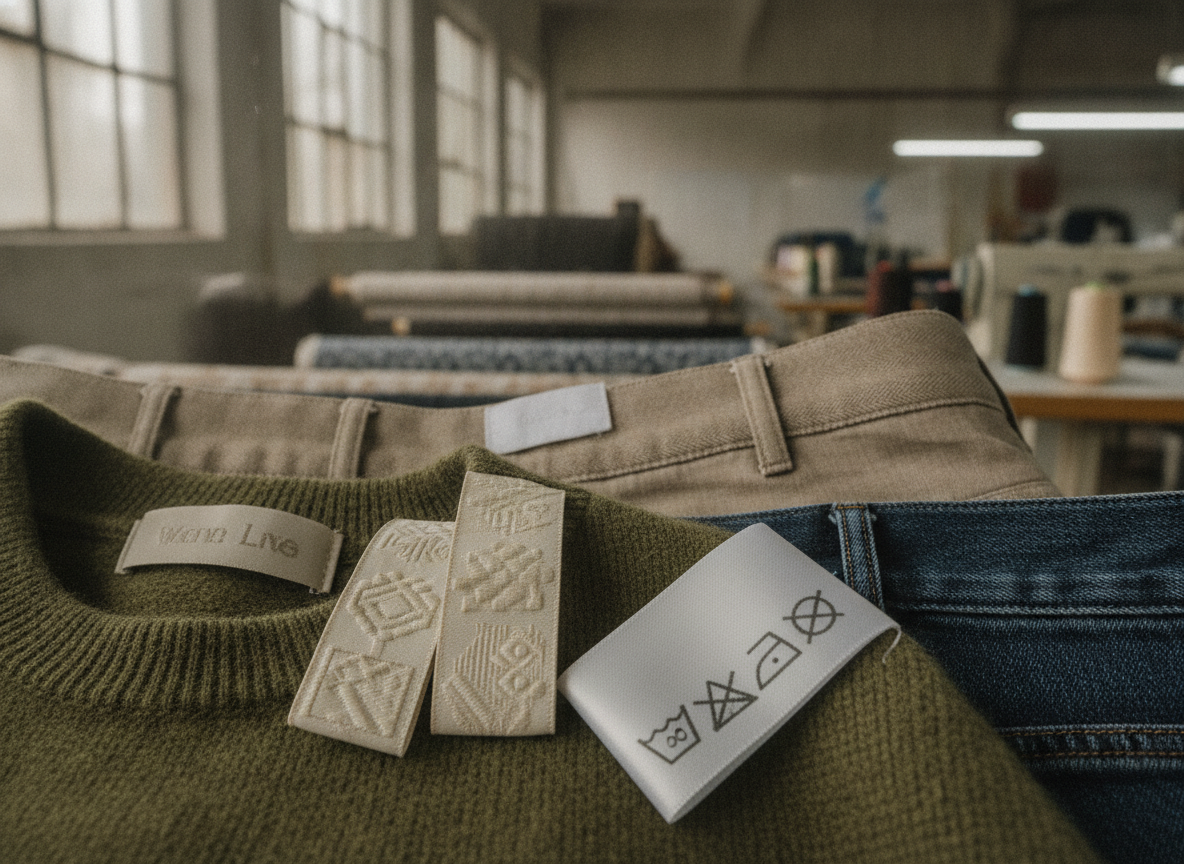Close-up illustrating 'labels used in textile industry every brand needs', detailed woven or care...