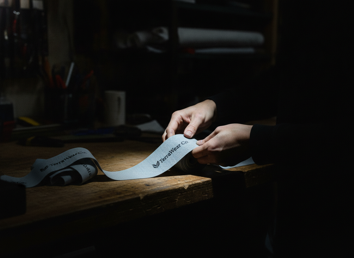 A mid-distance shot inside a dimly lit workshop. a person's hands, with slight smudges of dye or...