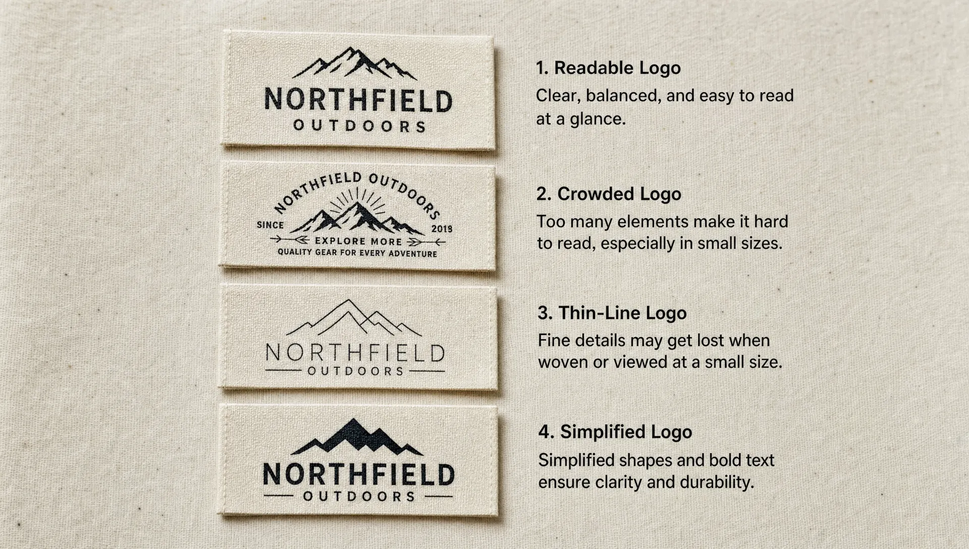 Several woven label samples on fabric compare a readable logo, a crowded version, a thin-line version, and a simplified version.