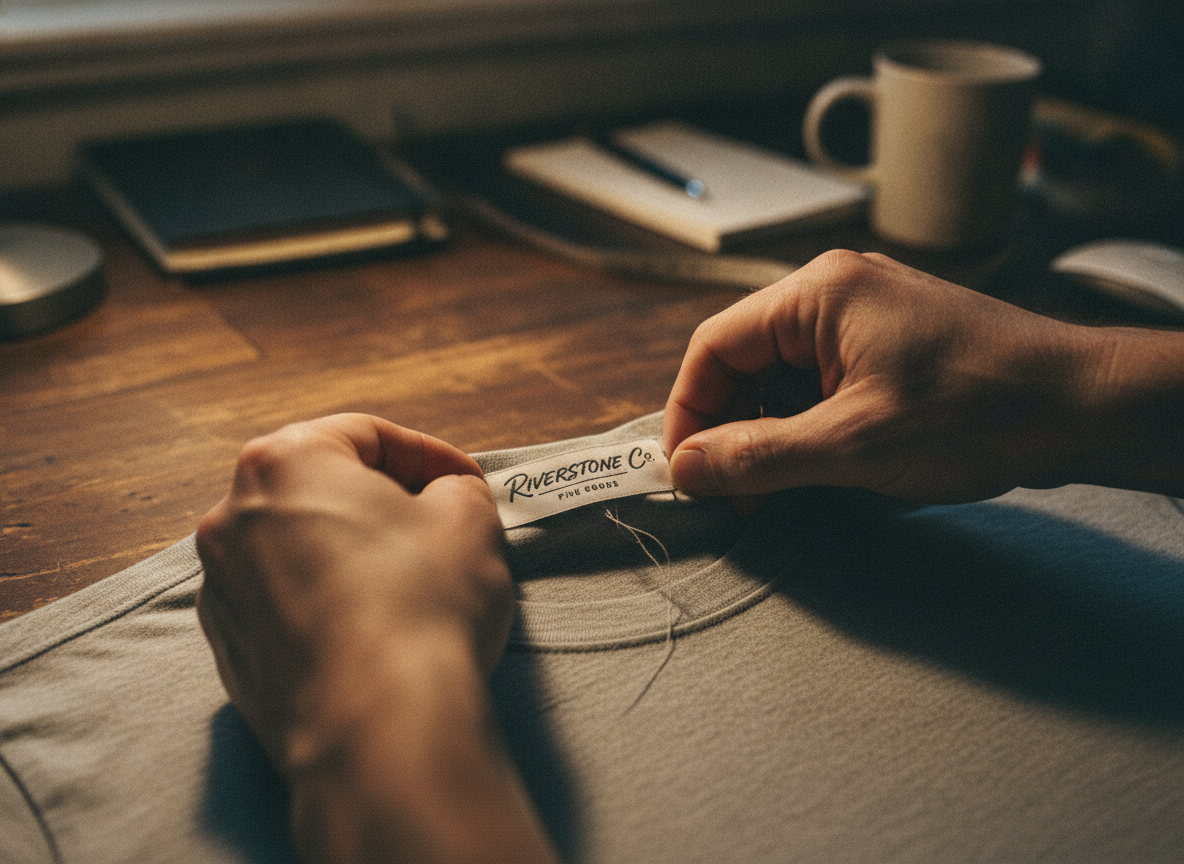 A close shot of a pair of hands gently inspecting a woven damask neck label on a soft, light grey...