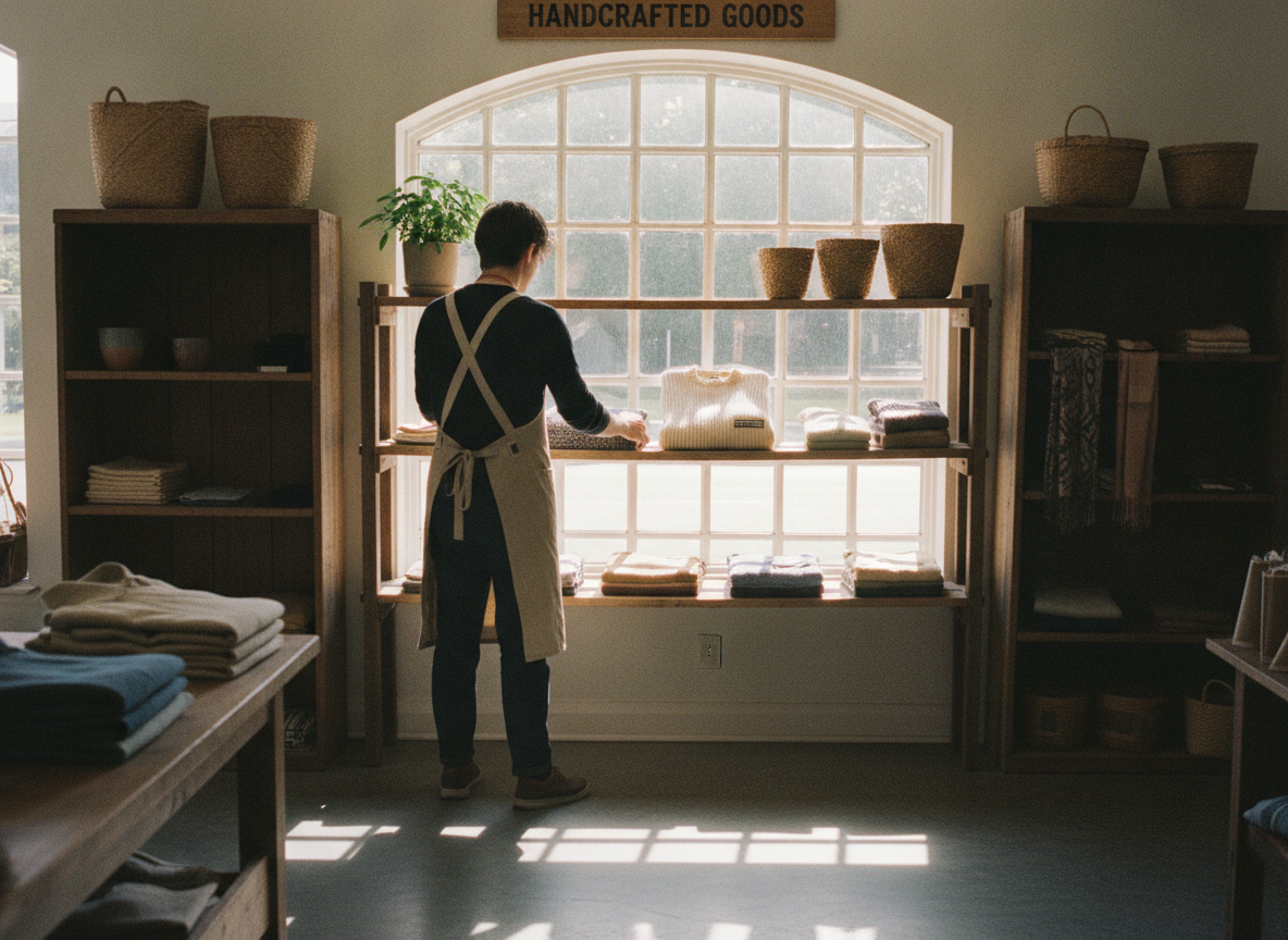 A wide establishing shot inside a cozy, independent boutique. a person with their back to the...