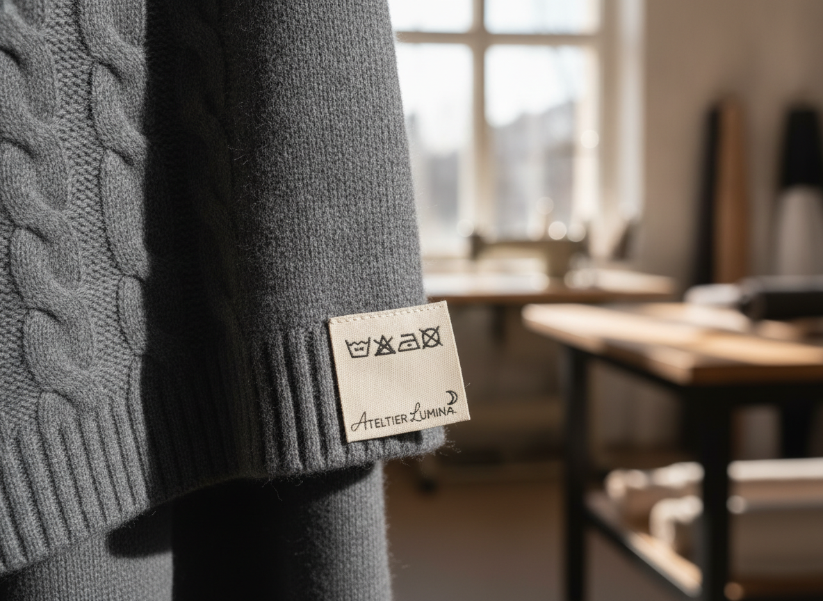 Featured image: a close-up shot of a neatly folded, garment with a soft, woven care label clearly...