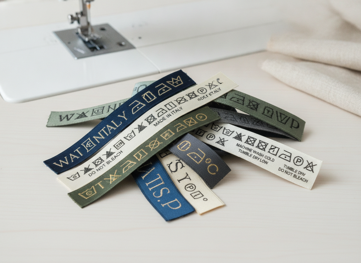 Later article image: a shot of a stack of custom woven care labels, some with brand logos,...