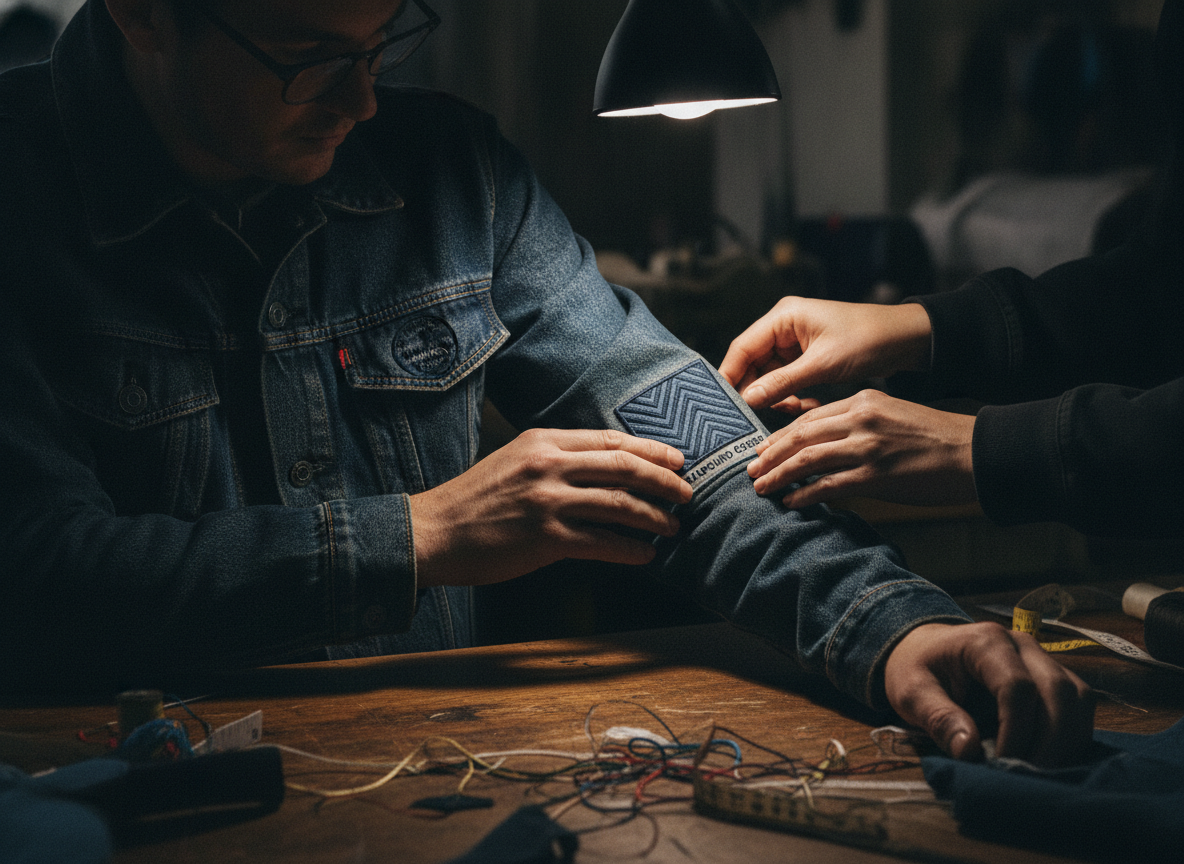 Featured image: a mid-distance shot in a dimly lit garment workshop. two hands, one from a person...