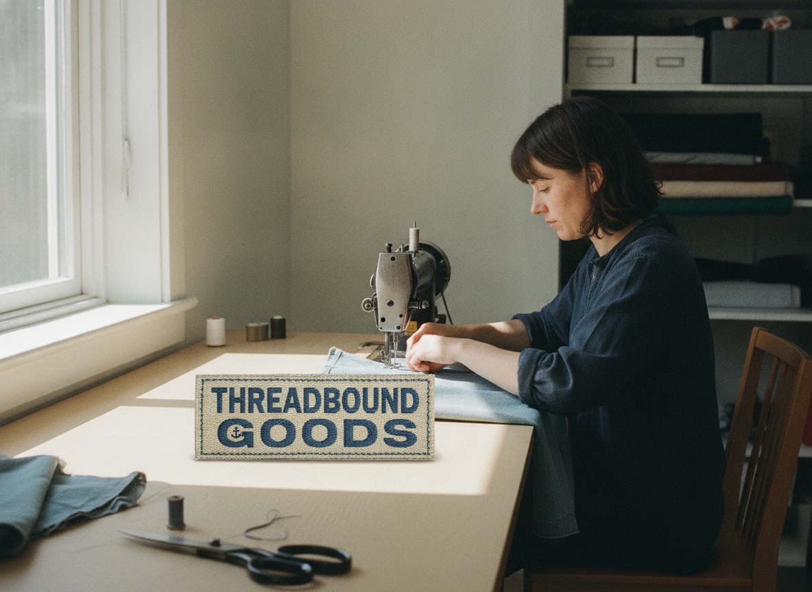 Middle image: a wide, establishing shot of a bright, sunlit sewing room in late morning. one...