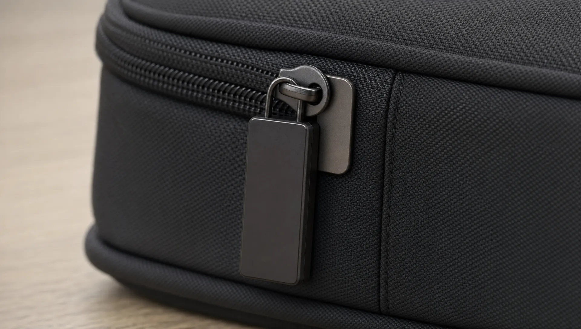 A close-up of a magnetic zipper pull on a compact travel pouch, attached to the slider and docked against a small metal plate.