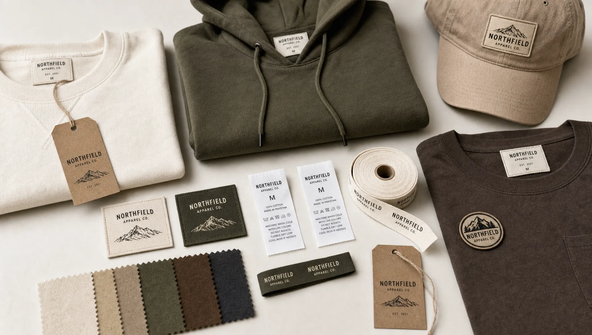 A coordinated apparel collection is arranged on a studio table with matching woven labels, care labels, patches, ribbon, and fabric swatches.