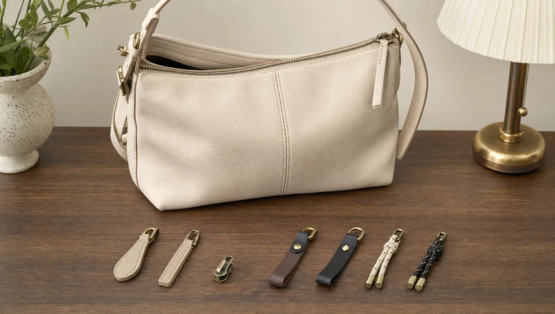 A favorite handbag on a table with leather, metal, and cord zipper pull options beside the visible slider.