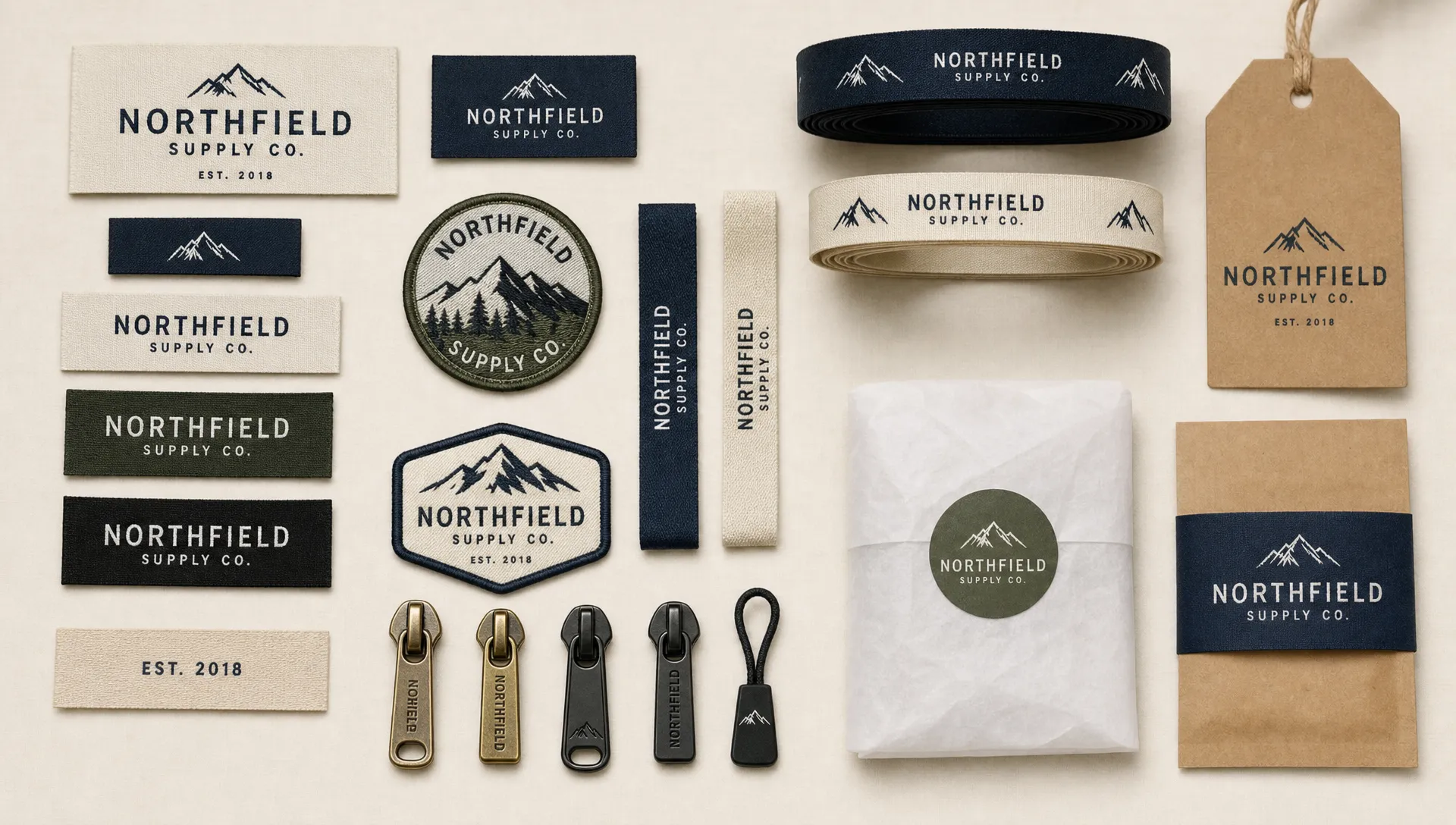 A flat lay of woven labels, patches, ribbon, zipper pulls, and packaging samples shows how to brand your logo across different trim formats.