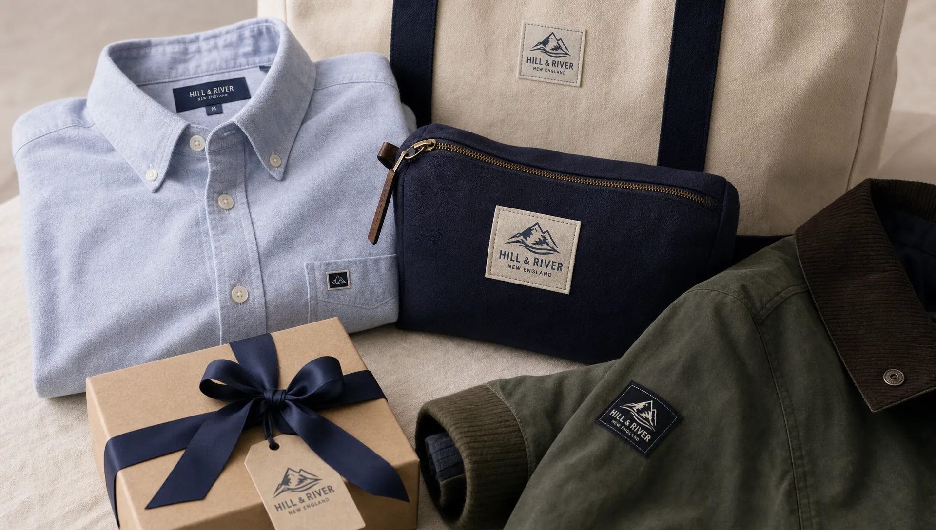 A folded shirt, zip pouch, tote bag, ribbon-wrapped package, and jacket sleeve sit together with coordinated labels, patches, and small branding details.
