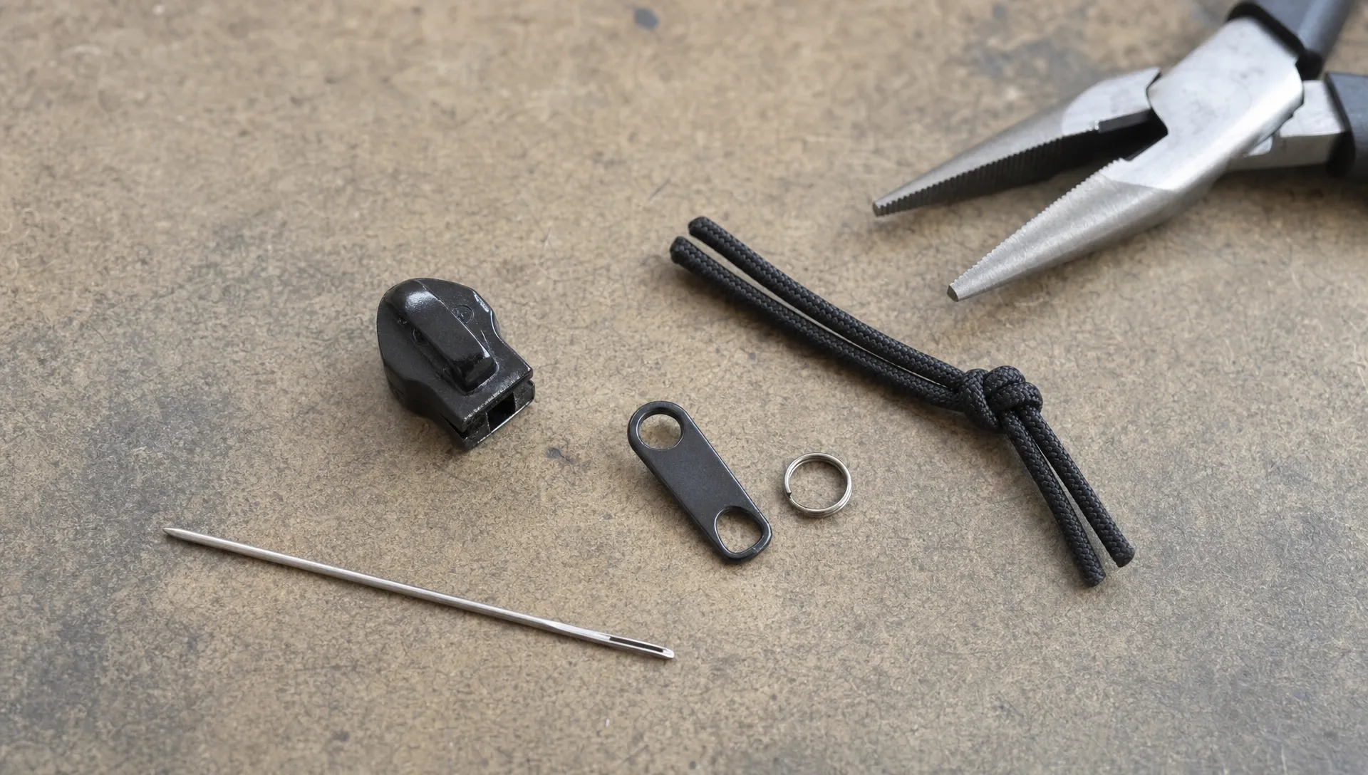 A jacket zipper slider lies on a work table with a loose tab, split ring, cord and needle-nose pliers for checking a missing zipper pull.