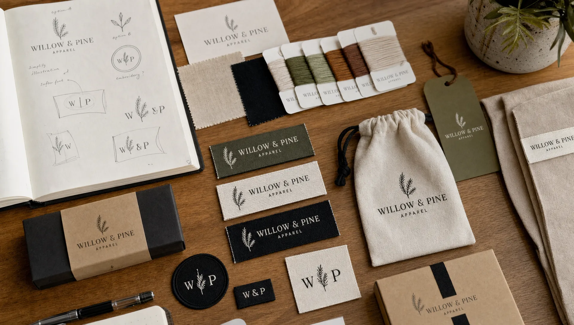 A studio worktable holds logo sketches, thread cards, woven label samples, and packaging pieces for small-scale branding.