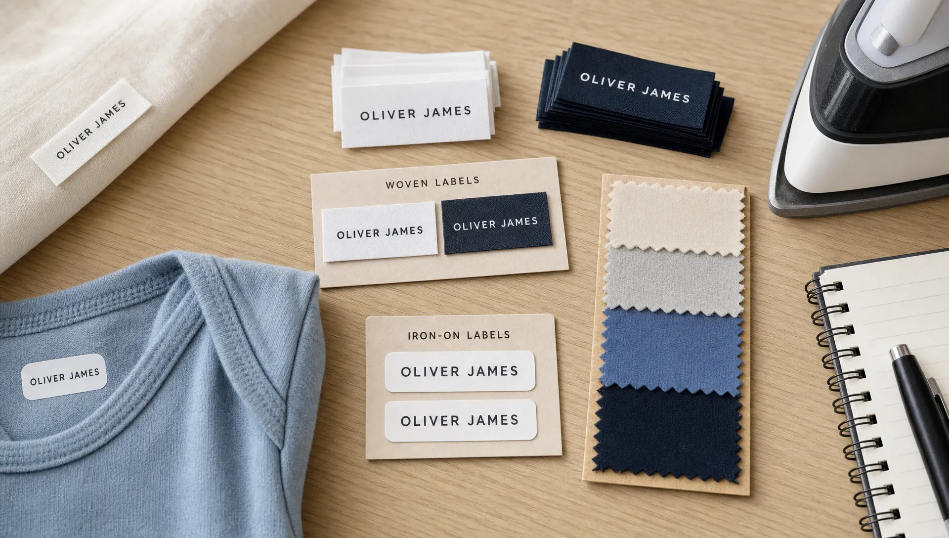 A worktable shows woven labels, iron-on name labels, and fabric swatches for comparing label options.