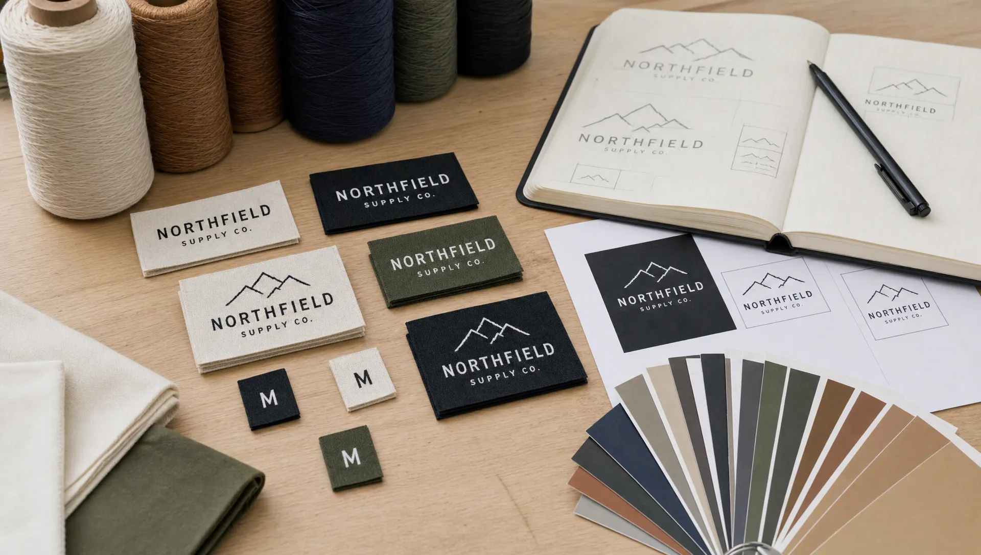 A worktable with woven label samples, thread cones, color chips, and simplified logo artwork laid out before a brand orders logo labels.