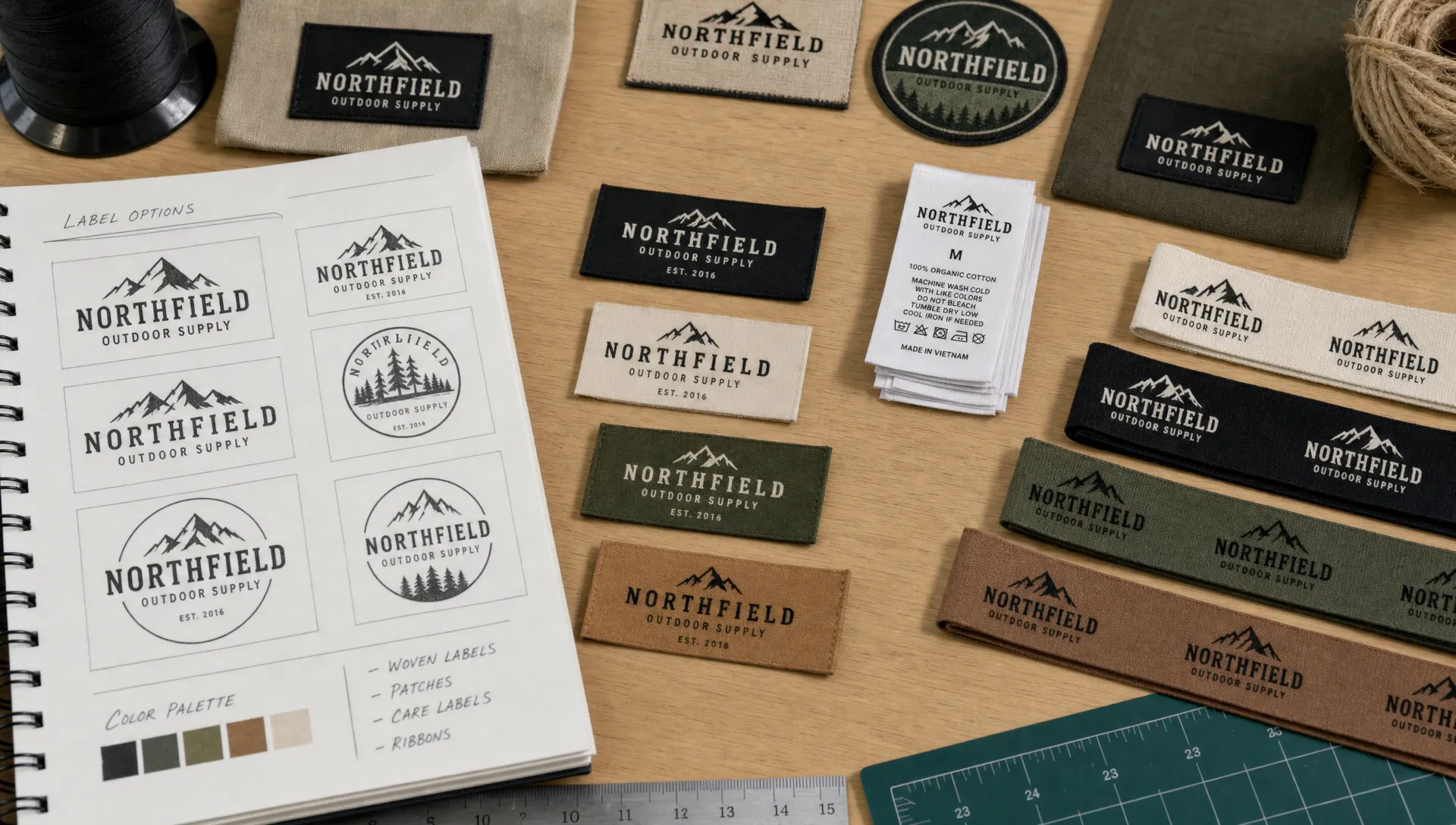 A worktable with woven labels, patches, ribbons, and care tags shows different logo versions for label production.