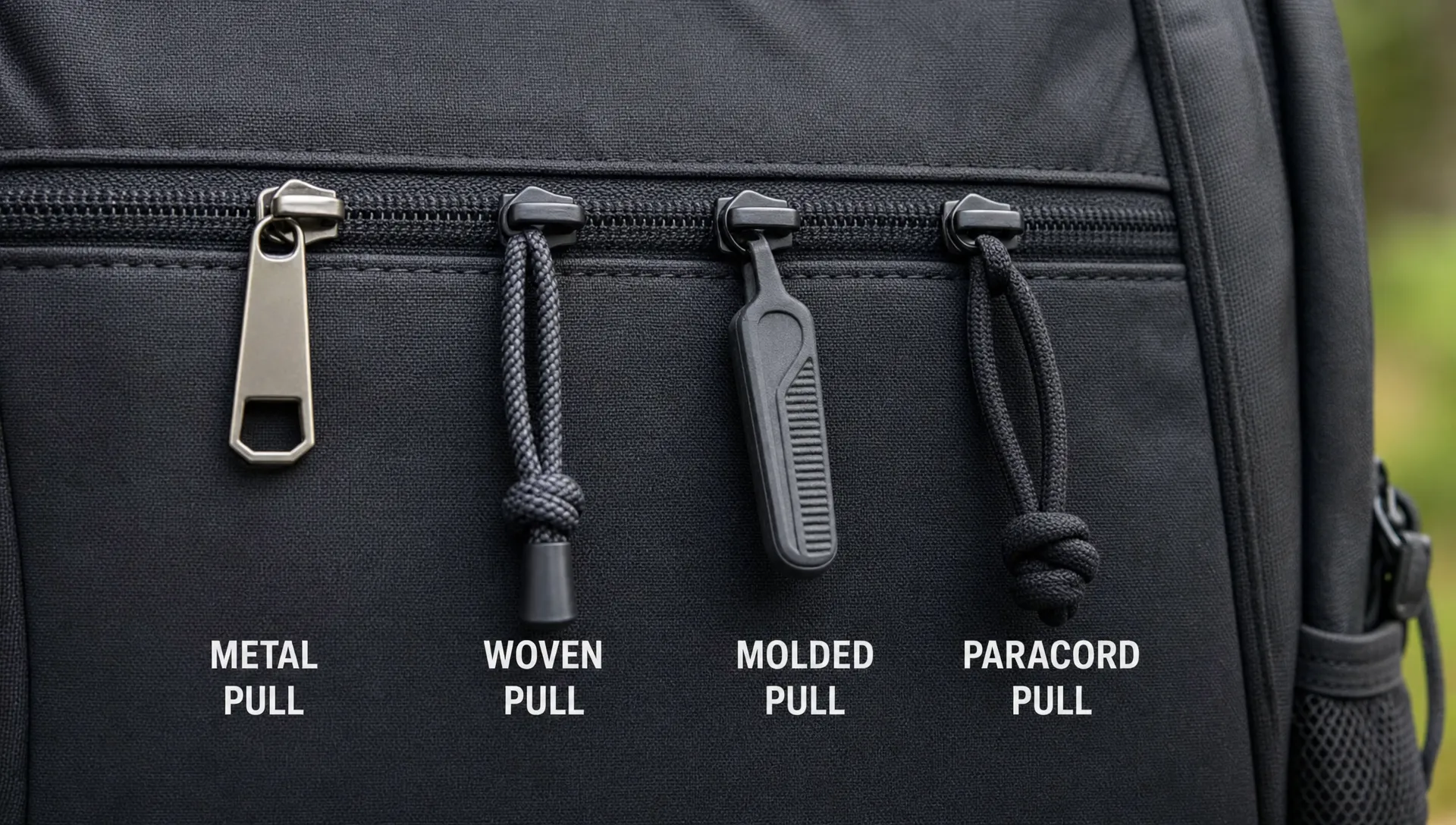 Close-up of a backpack pocket zipper with different custom pull options shown on the same finished bag, including metal, woven, and molded grips.