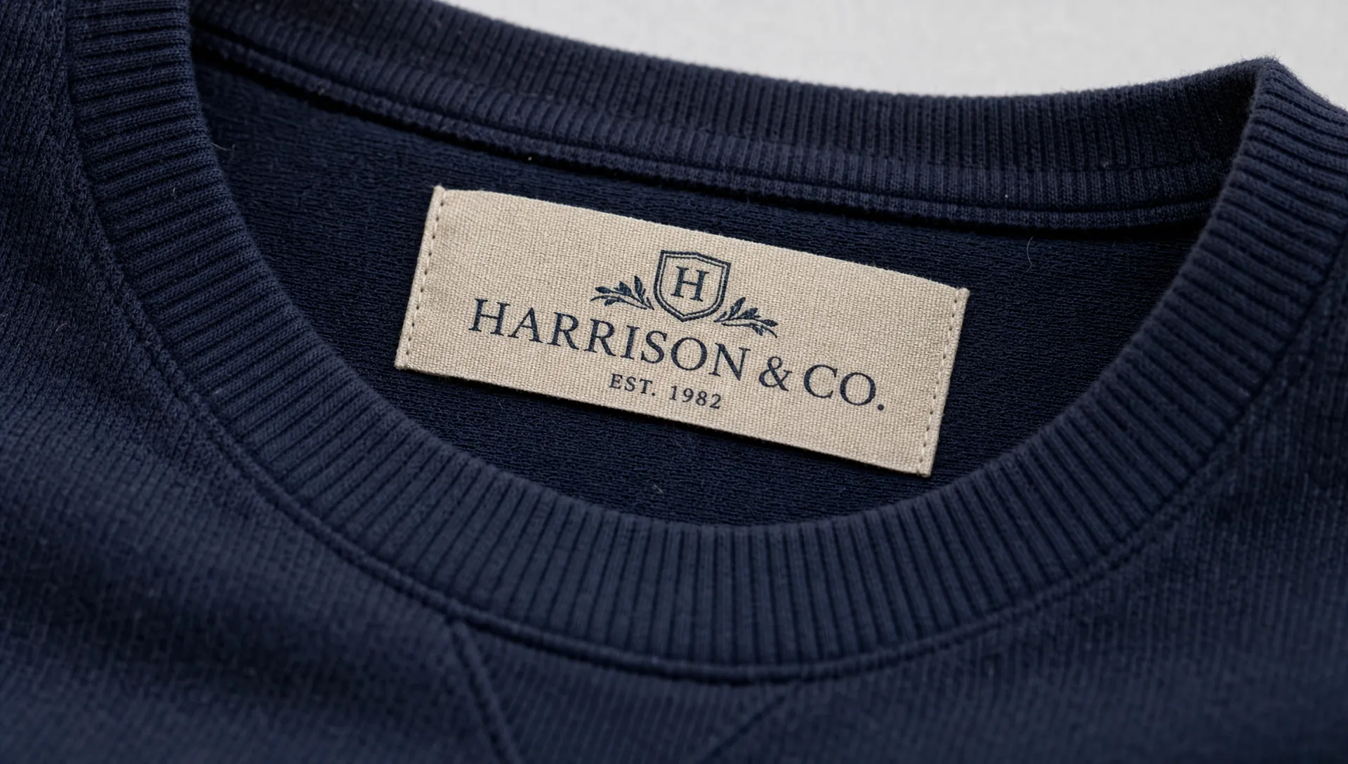 Close-up of a bespoke logo woven into a garment label at the neckline, with crisp letterforms and surrounding fabric showing how the label sits on the garment.