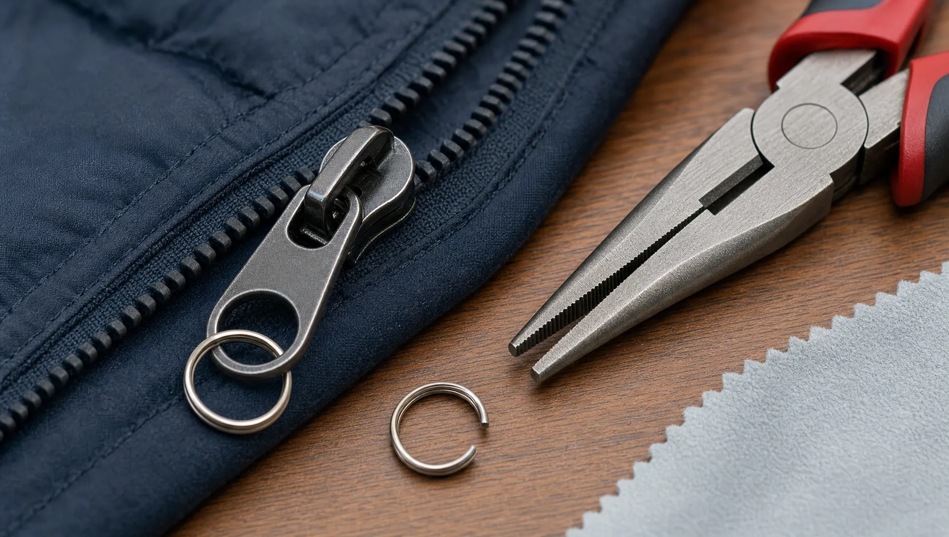 Close-up of a jacket zipper slider with a split ring, needle-nose pliers, and a protective cloth on the work surface.