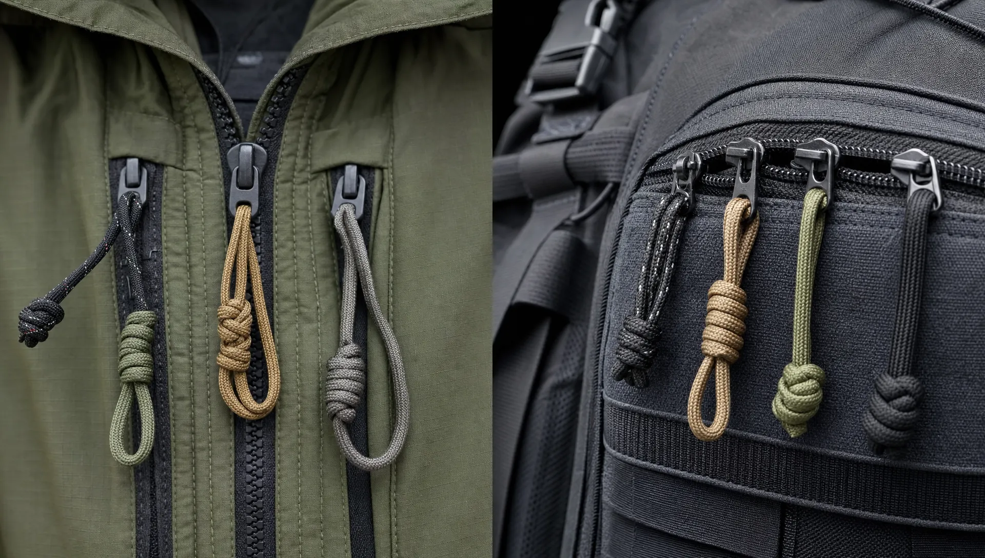Close-up of zipper pull cords on a jacket zipper and backpack pocket, showing different diameters, loop lengths, and knot styles for grip.