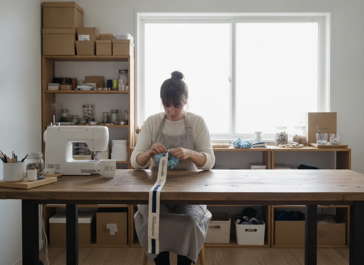 Wide establishing shot of a bright, clean home studio or small workshop dedicated to crafting. a...