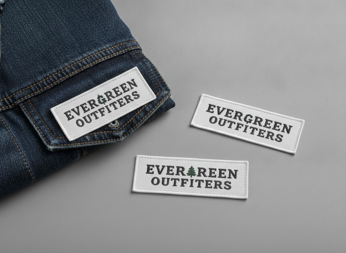 Studio product photograph: an arrangement of several 'evergreen outfitters' custom patches on a...