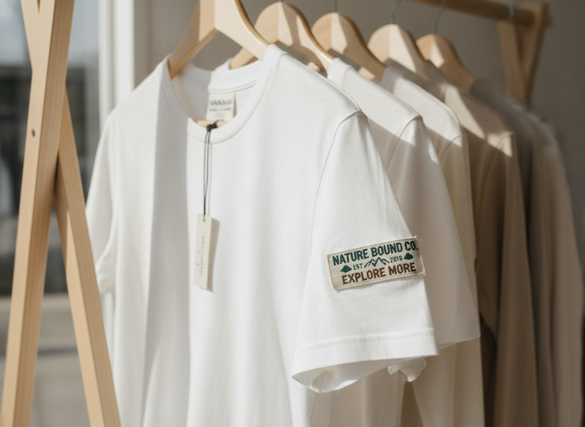 A close shot of a finished, soft cotton t-shirt hanging on a simple wooden rack in a sun-drenched...