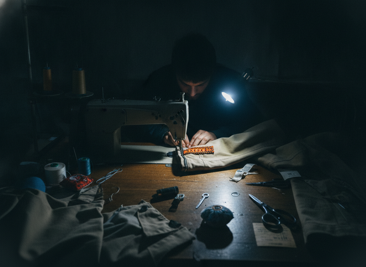 A wide establishing shot of a dimly lit textile workshop. a person, seen from a slightly obscured...