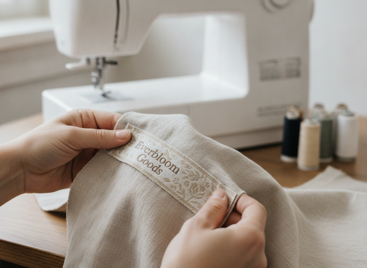 A close shot in a bright late-morning daylight-filled sewing room. a person's hands are gently...