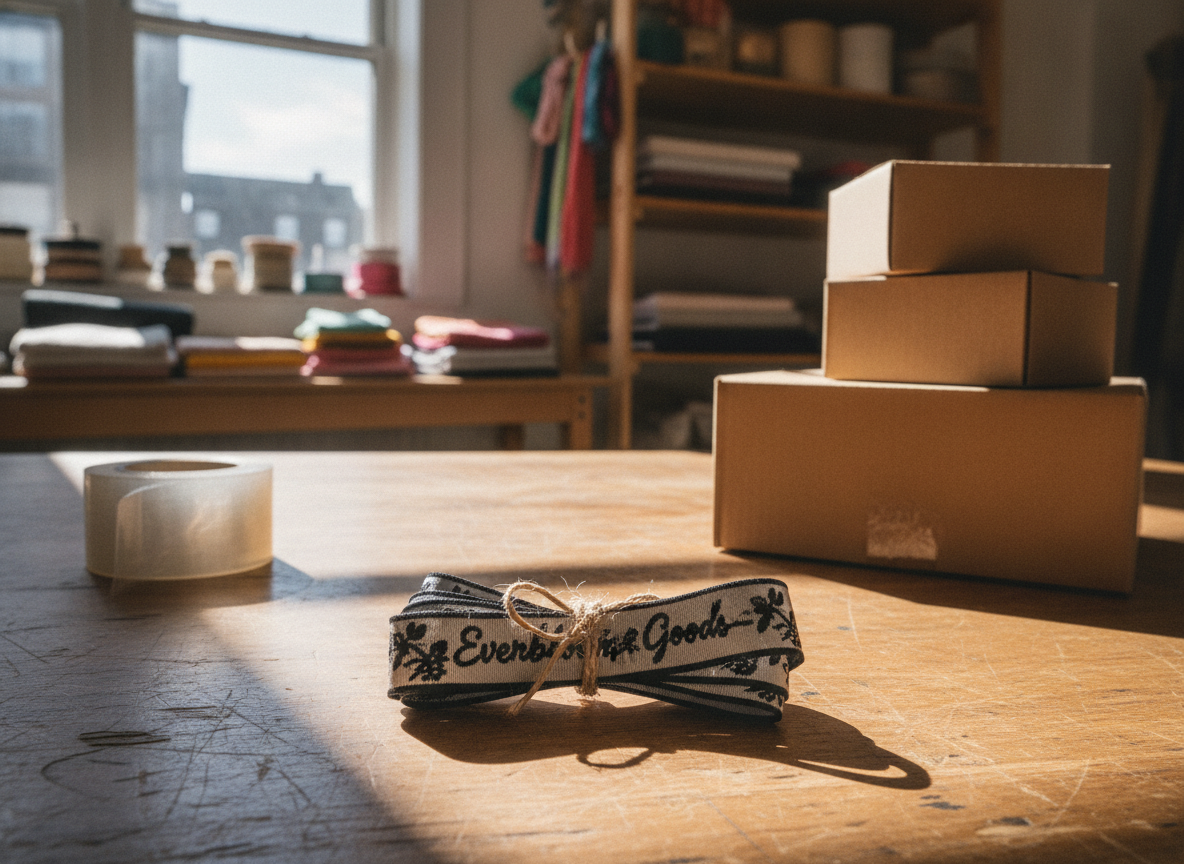 A wide establishing shot of a small brand's organized but lived-in packing table. no people are in...