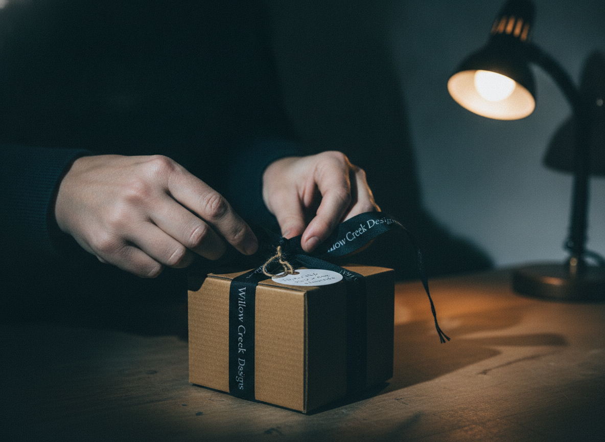 A mid-distance shot of a person's hands diligently packing small event favors. the hands are neatly...