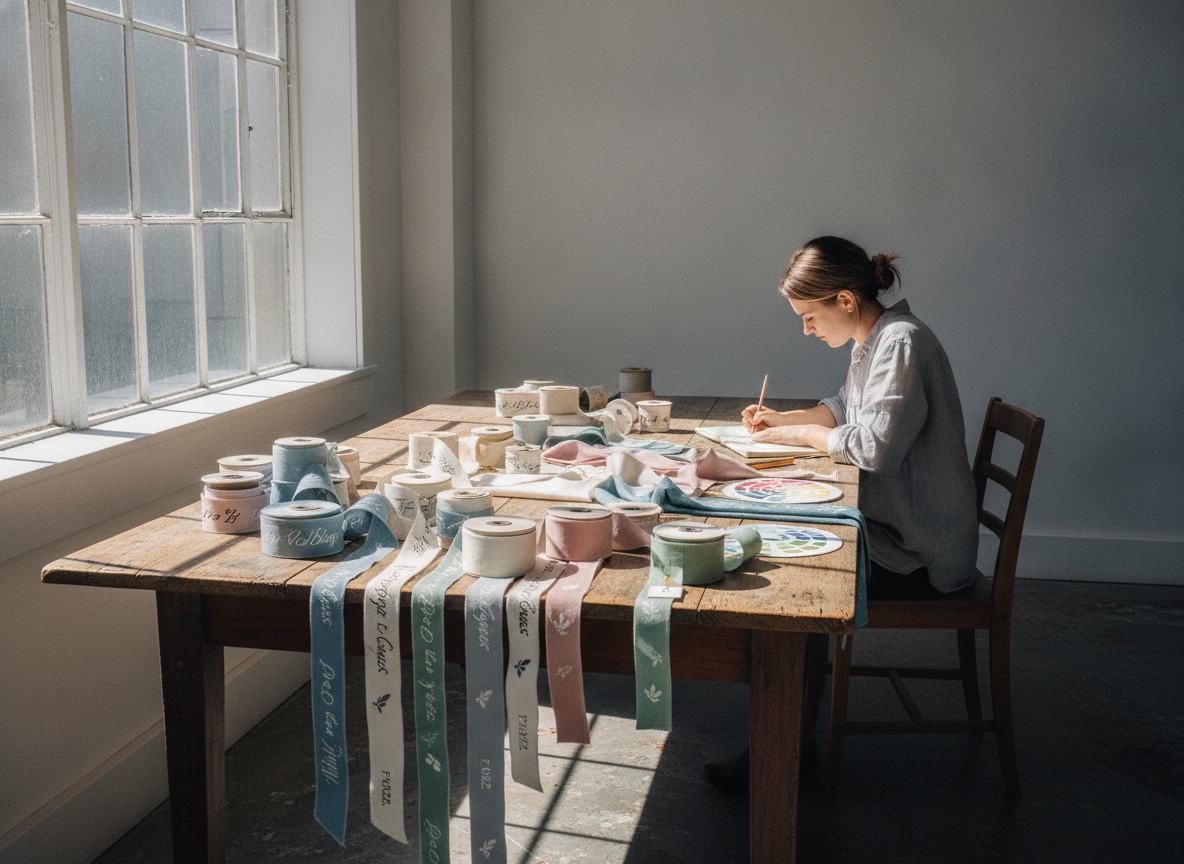 A wide establishing shot of a bright, sun-drenched event planning studio. one person, seen from the...